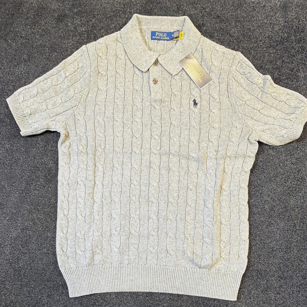 Polo Ralph Lauren Men's M Gray Cable-Knit Collared Short Sleeve Pullover Sweater